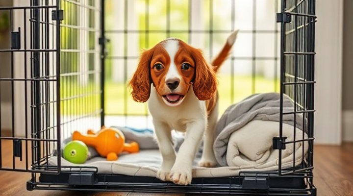 Cocker spaniel puppy happily entering its crate with toys