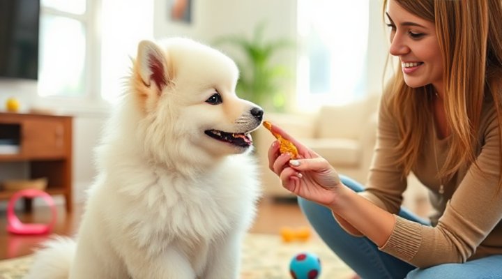 A puppy happily receiving a treat during training