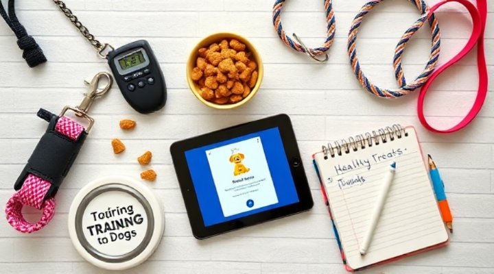 Collection of dog training tools including clicker, treats, leash and tablet