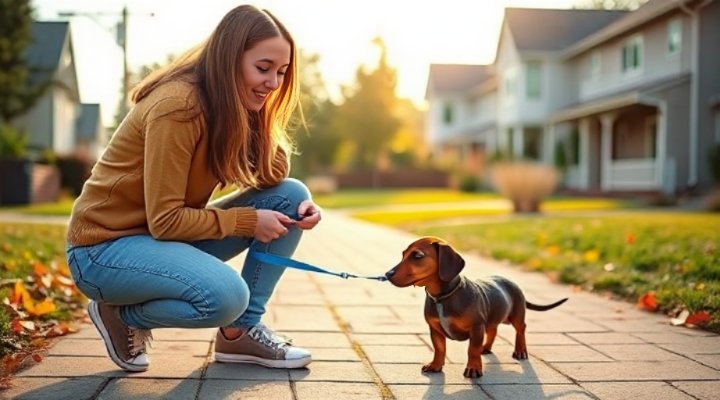 Puppy learning to walk on leash with owner