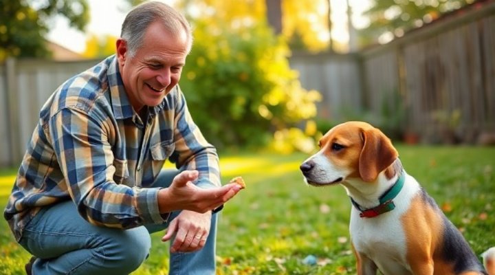 A man rewarding his beagle with treats during a training session in the backyard