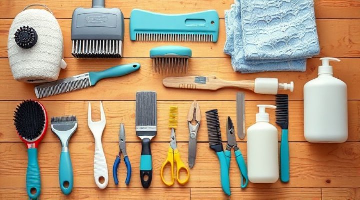 Essential grooming tools arranged neatly on a table