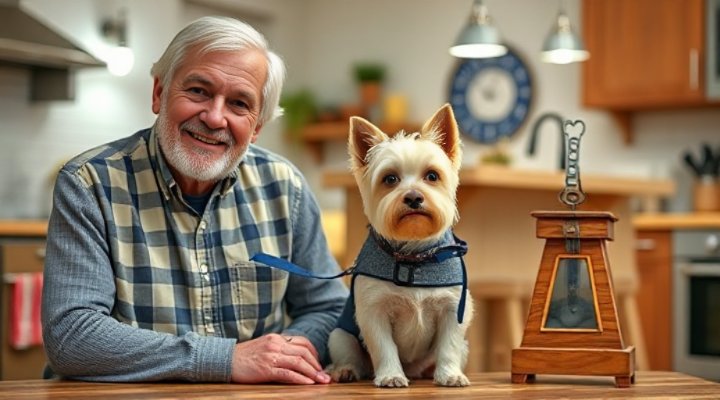 Elderly couple celebrating their dog's progress after online training