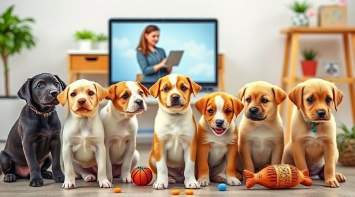 Multiple puppies of different breeds participating in an online training session