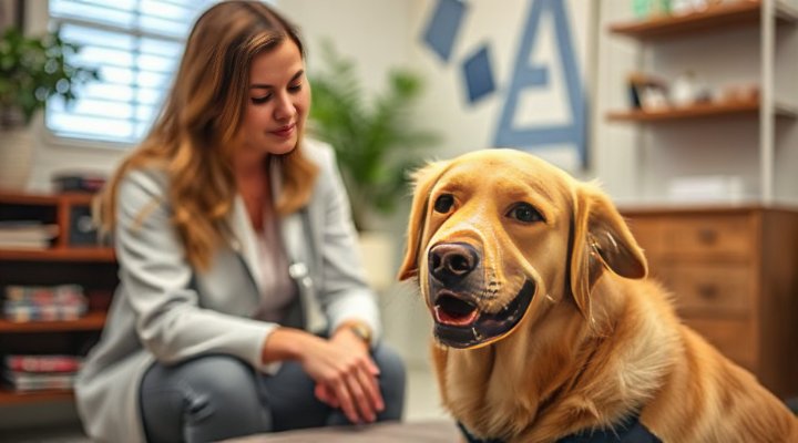 Dog psychologist analyzing a golden retriever's behavior
