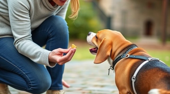 Owner rewarding adult dog with treats during training