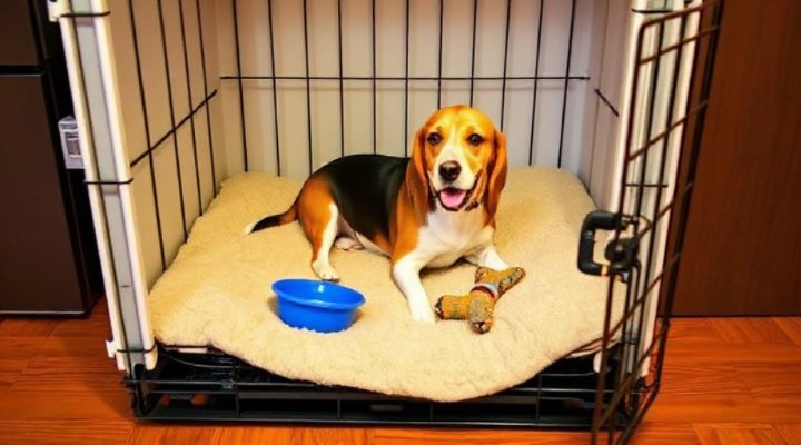 Comfortable crate setup for house training an adult beagle