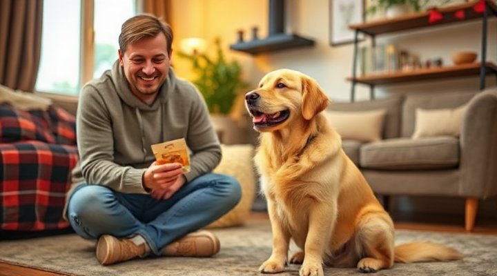 A happy golden retriever sitting next to its owner during a training session
