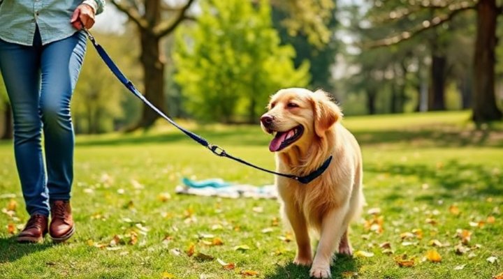 A happy golden retriever walking calmly with a no-pull leash