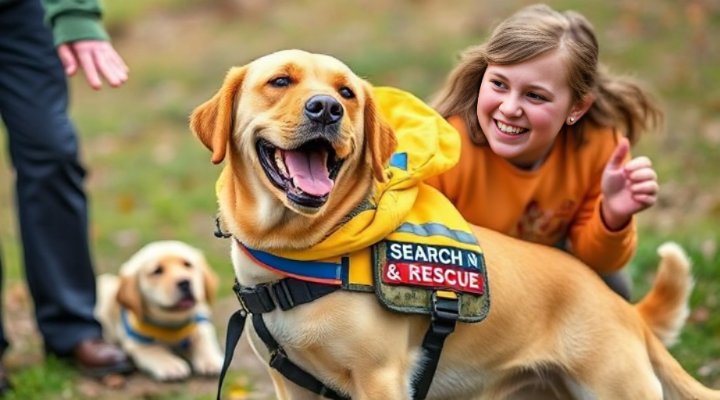 Labrador Retriever locating a person in search training