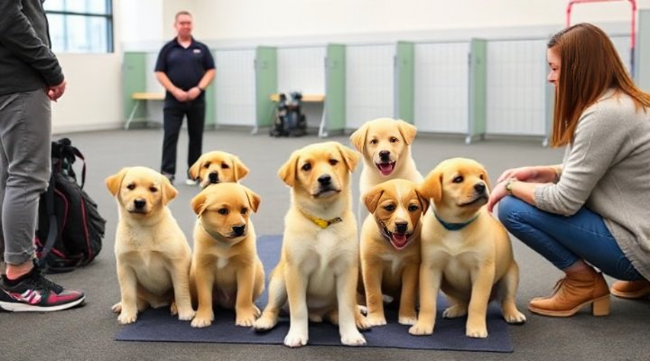 Group of puppies and owners participating in an obedience class