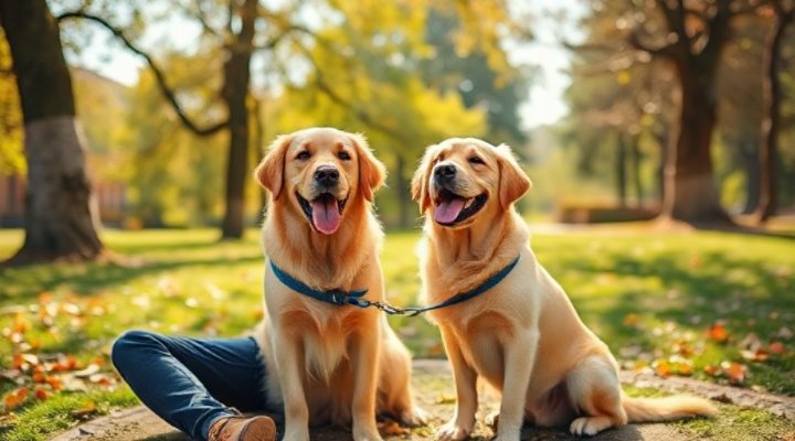 A happy golden retriever sitting next to its smiling owner in a park
