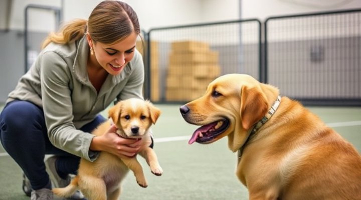 Trainer helping a puppy socialise with other dogs