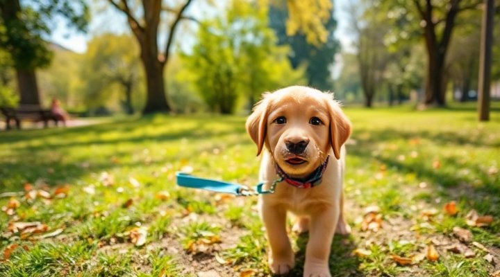 Adorable golden retriever puppy walking on a leash with a smile
