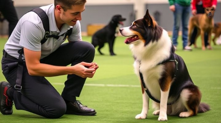 A trainer rewarding a dog with treats for good behavior
