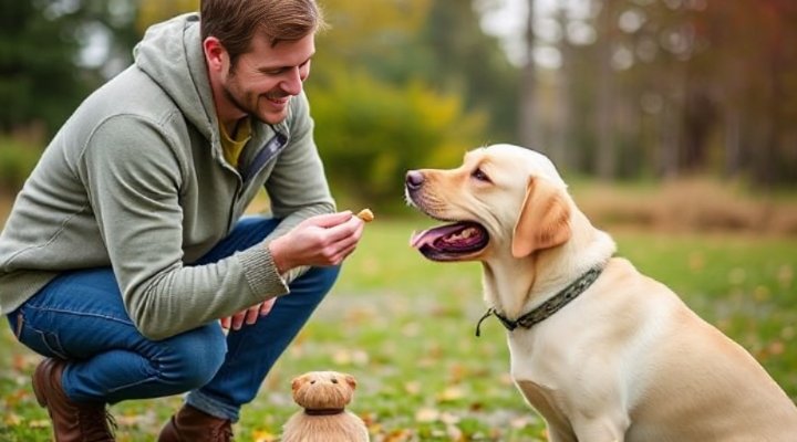 Owner rewarding a happy dog with a treat for successfully staying