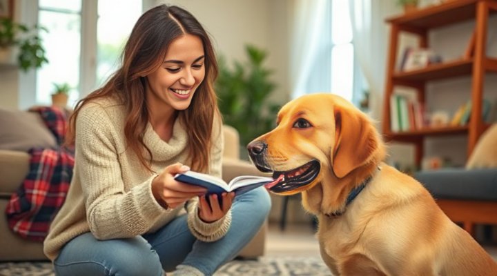 A loving owner giving the stay command to their dog