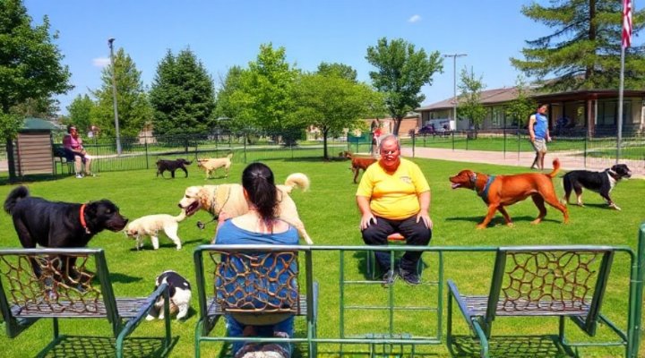 Multiple dogs interacting positively at a dog park