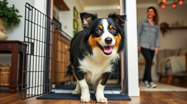 Well-trained dog entering crate willingly on owner's command