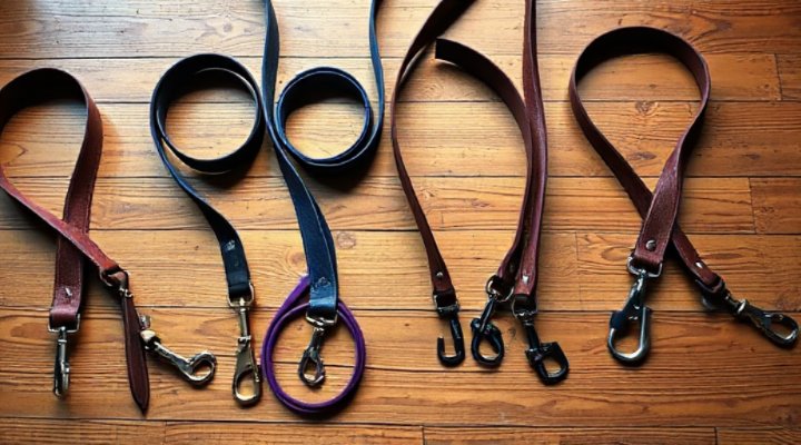 A variety of dog leashes displayed on a table, including nylon, leather, and retractable options