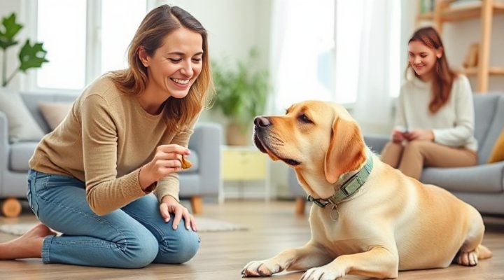 A woman patiently training her older dog with treats and praise