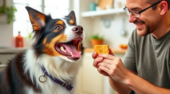 A happy older dog receiving a treat from its owner for good potty behavior