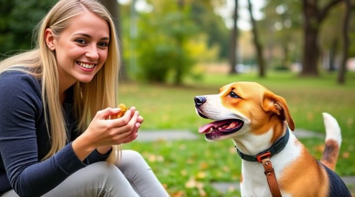 Owner rewarding dog with treats during socialisation