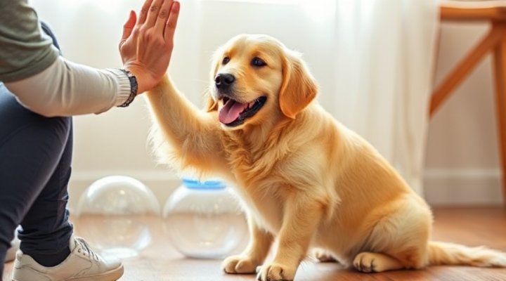 Golden Retriever performing a high-five trick