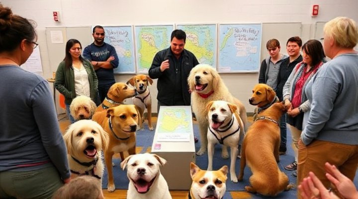 A group of dogs and owners participating in a training class together