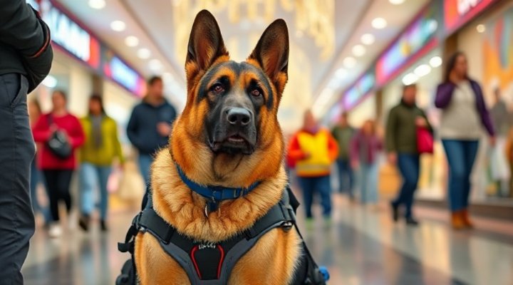 A service dog behaving calmly in a busy public place
