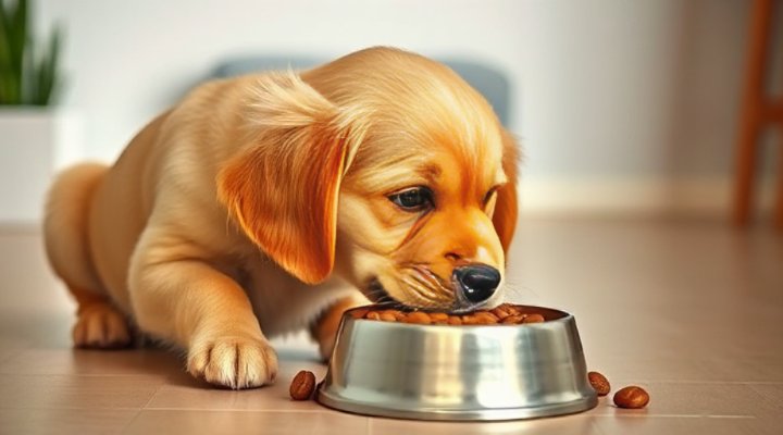 A cute golden retriever puppy enjoying Purina Pro Plan puppy food