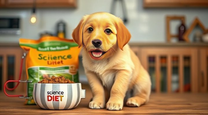A cute golden retriever puppy happily eating science diet dog food from a bowl