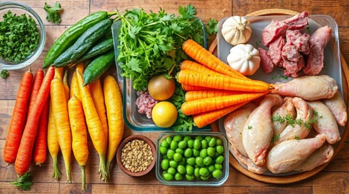 Fresh vegetables and meats arranged for homemade dog food
