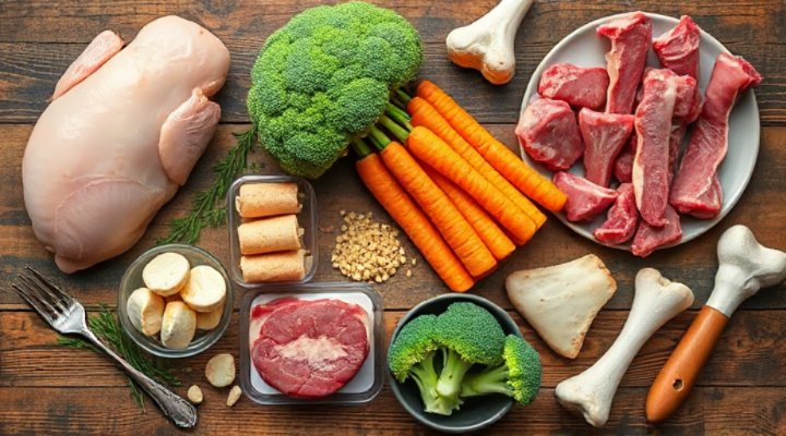 Assortment of fresh raw ingredients for dog food including meat, vegetables and bones