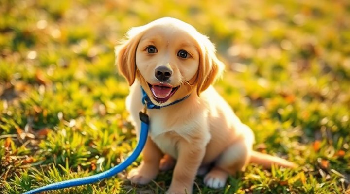 Adorable golden retriever puppy wearing a blue leash