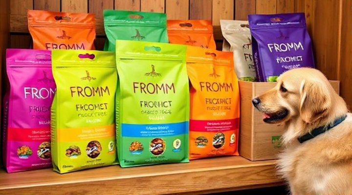 Fromm dog food bags with various flavors displayed