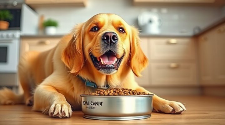 A happy golden retriever enjoying Royal Canin Gastrointestinal dog food