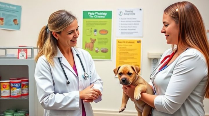 Kind veterinarian discussing puppy nutrition with young owner