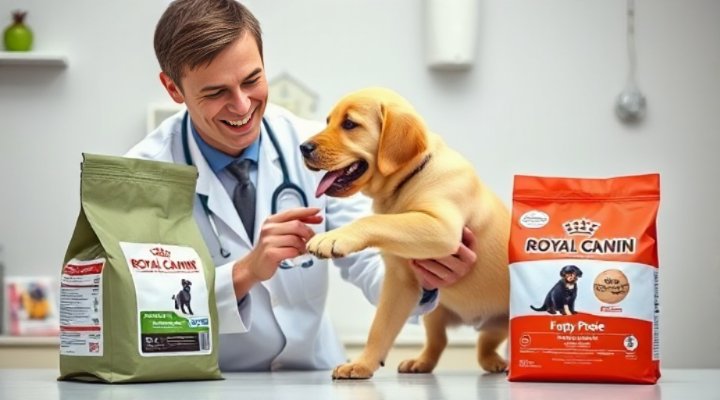 A veterinarian recommending Royal Canin puppy food to a pet owner