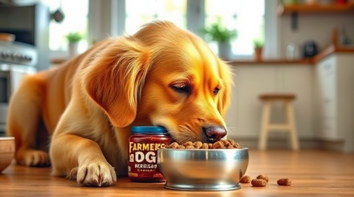 A happy golden retriever enjoying a bowl of Farmer's Dog food