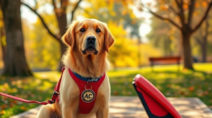 A golden retriever service dog sitting next to a smiling owner
