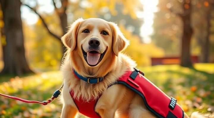 A golden retriever service dog sitting calmly next to its owner