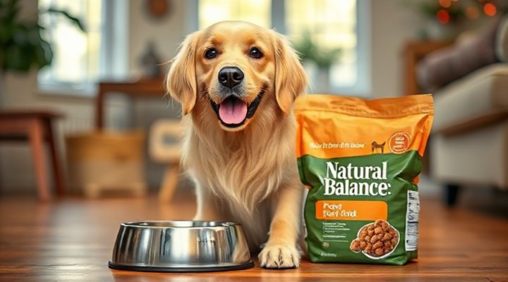 A happy golden retriever enjoying Natural Balance dog food