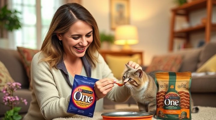 A loving cat owner feeding their cat Purina One Cat Food