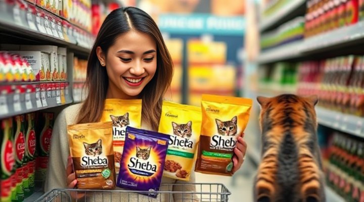 Woman carefully selecting Sheba cat food at a pet store