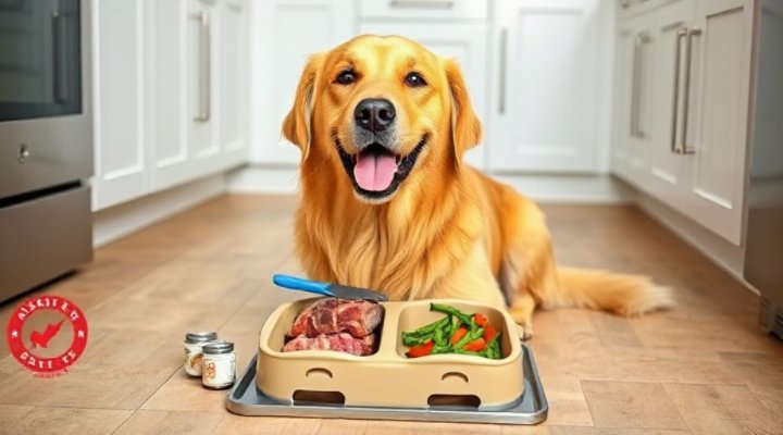A happy golden retriever enjoying a bowl of raw meat and vegetables