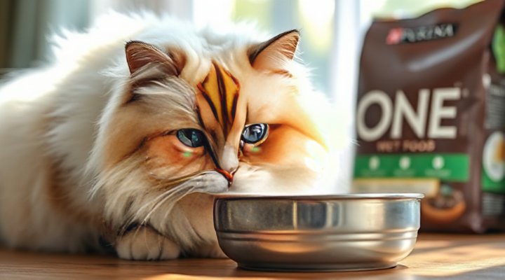 Aging Persian cat licking Purina ONE wet food from bowl