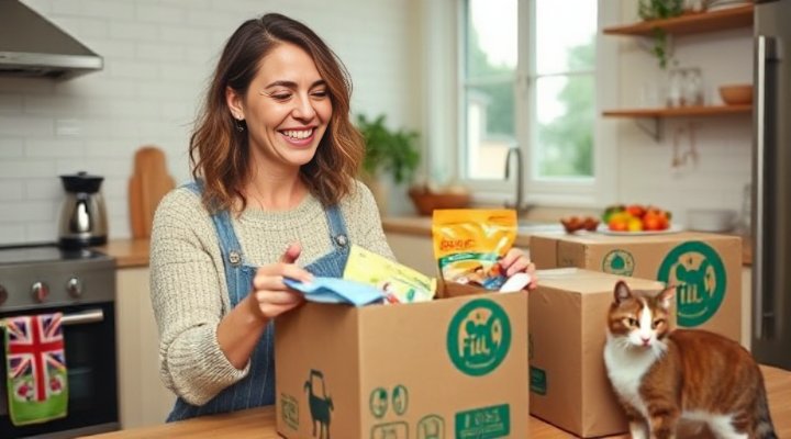 A smiling woman unpacking a pet food delivery box