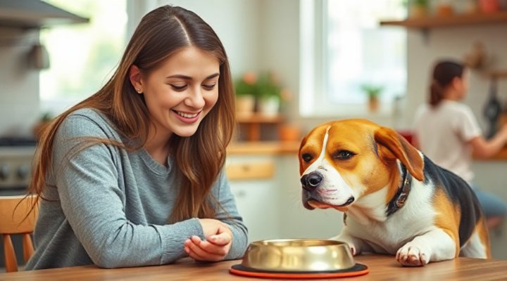 A concerned pet owner watching their dog during food transition