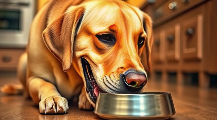 A happy dog enjoying a bowl of Merrick dog food